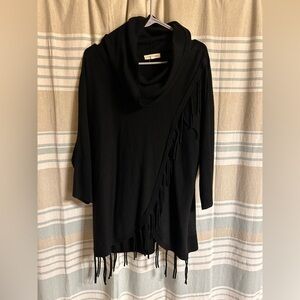 Elegant Black Cowl Neck Sweater with Fringe